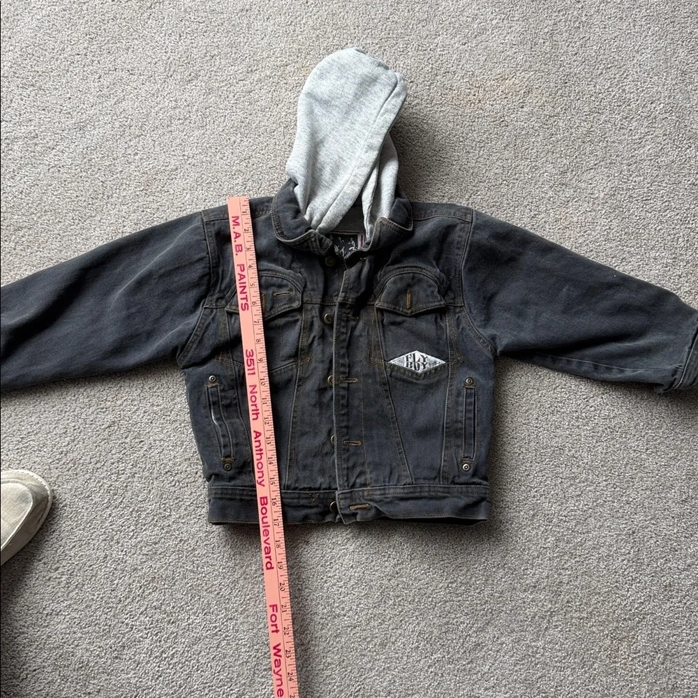 Tomorrow’s Generation FLY BOY size 10 Kids Black Denim Jacket with gray Hood